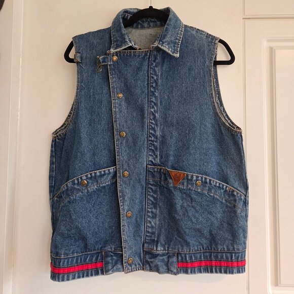 Vintage Denim Utility Vest – Red Lining, Snap Buttons - Picture 2 of 12